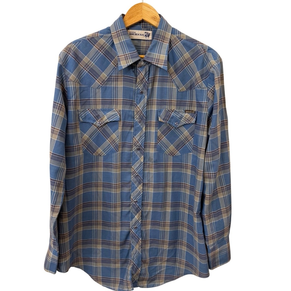 Roebucks Men’s Vintage Shirt Western Pearl Snap Plaid Size Large Blue